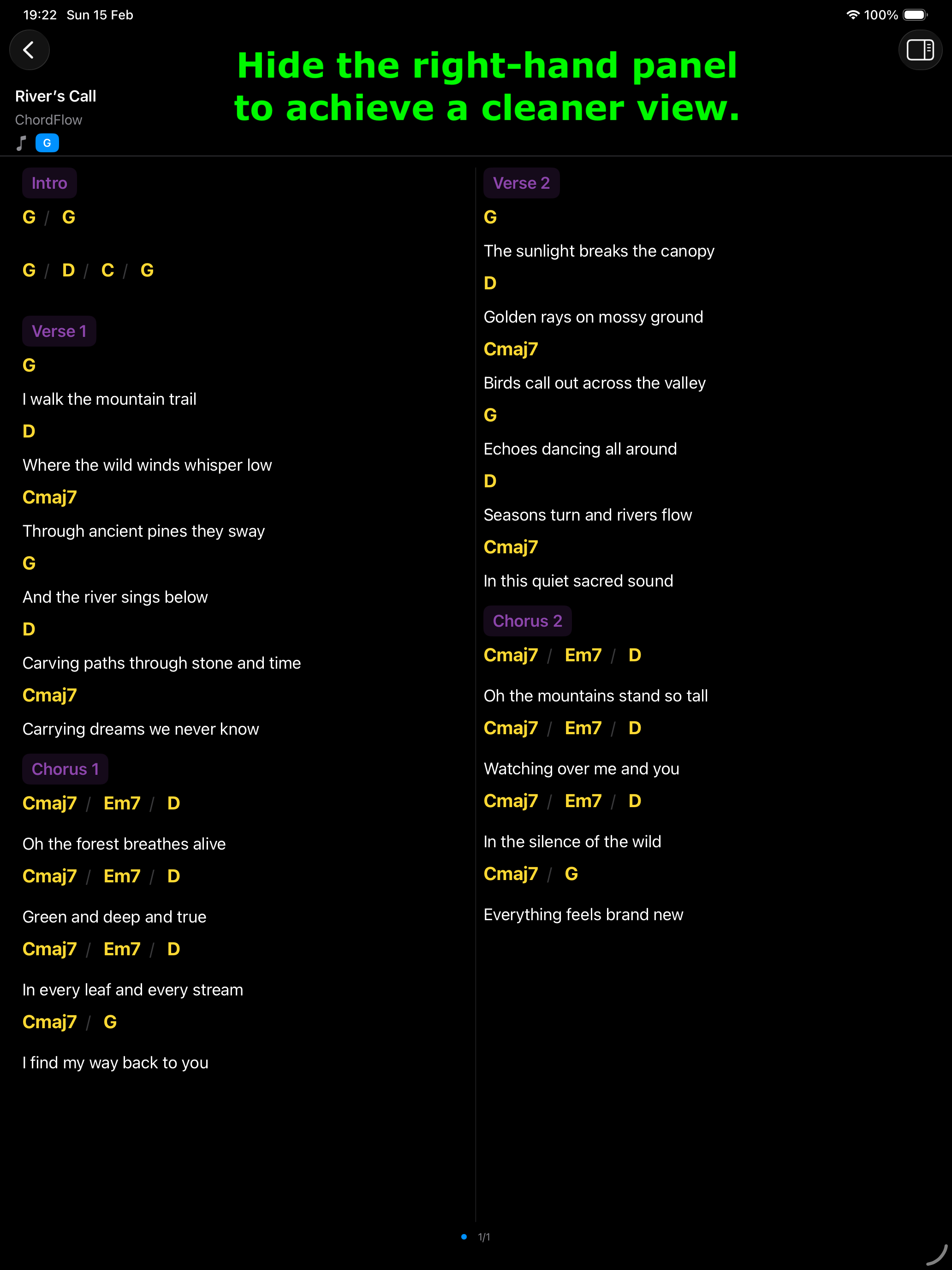 ChordFlow on iPad - Hide Right-Hand Panel