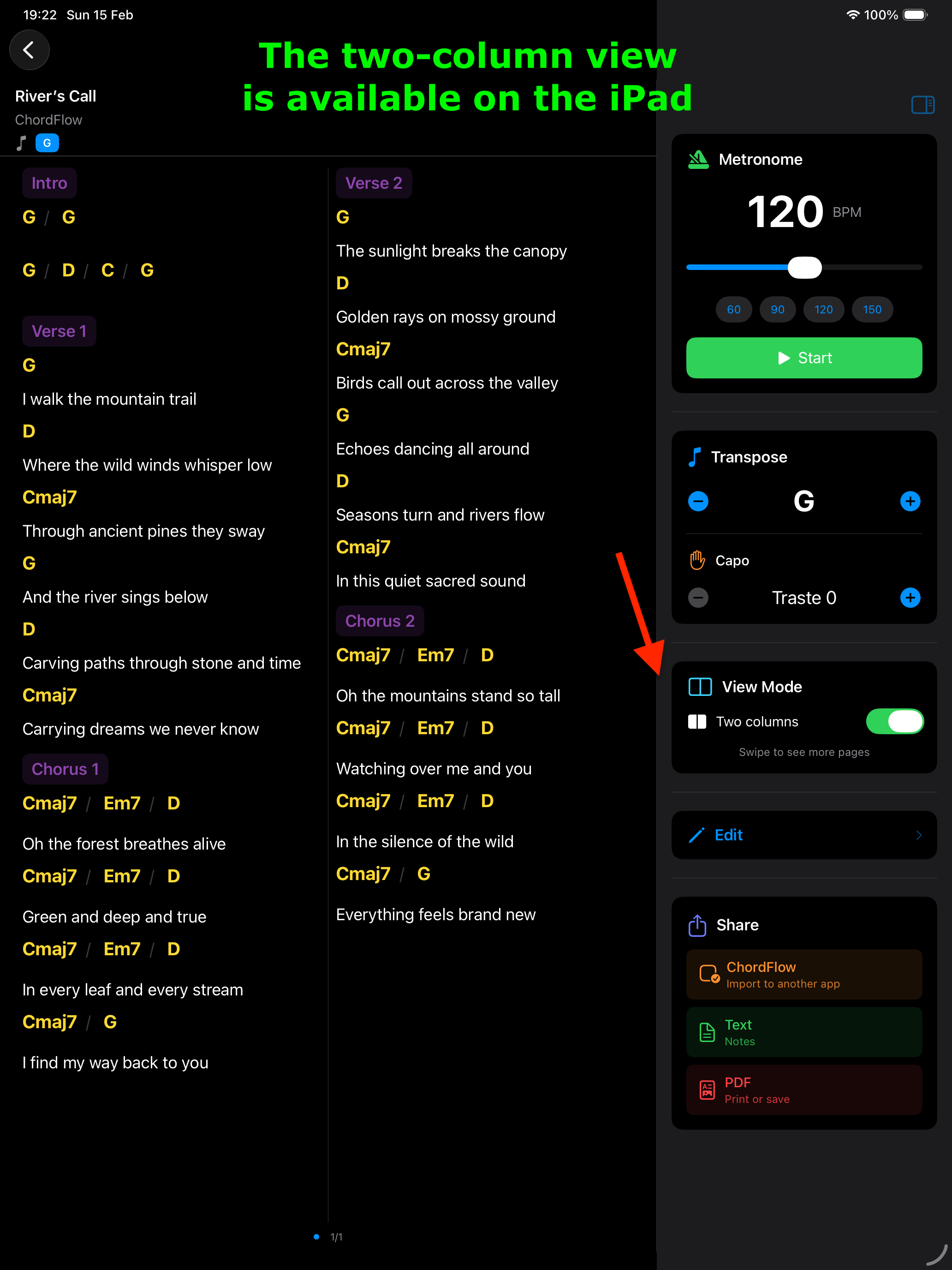 ChordFlow on iPad - Two Column Mode
