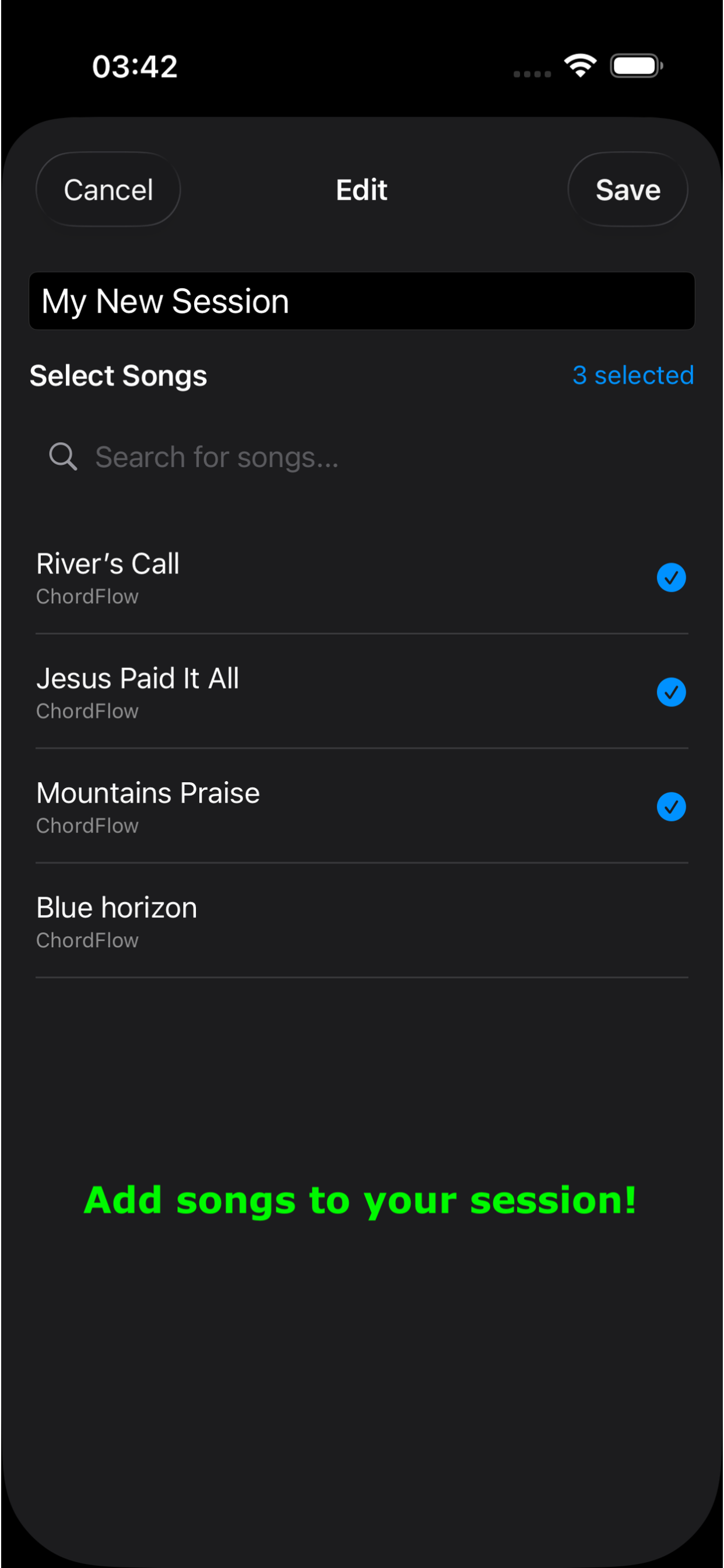 ChordFlow Create Sessions on iPhone