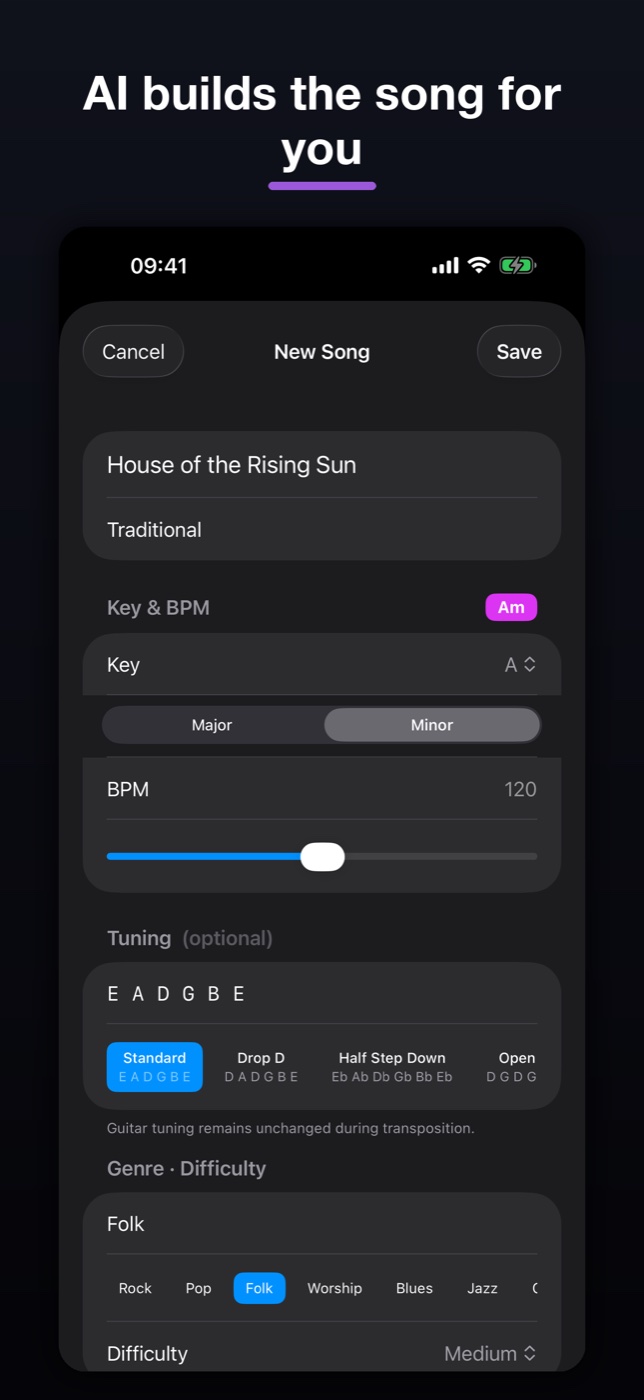 ChordFlow AI builds the song for you - key, tuning and tags detected