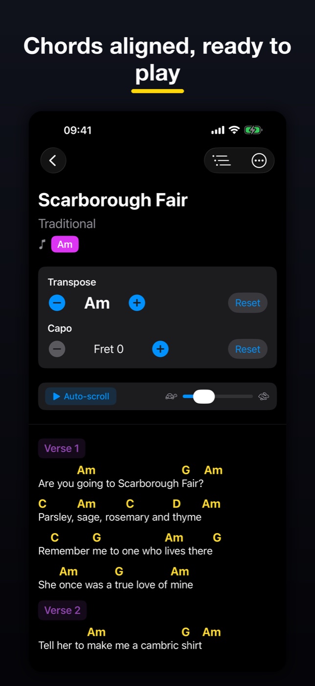 ChordFlow Song View - chords aligned over the lyrics