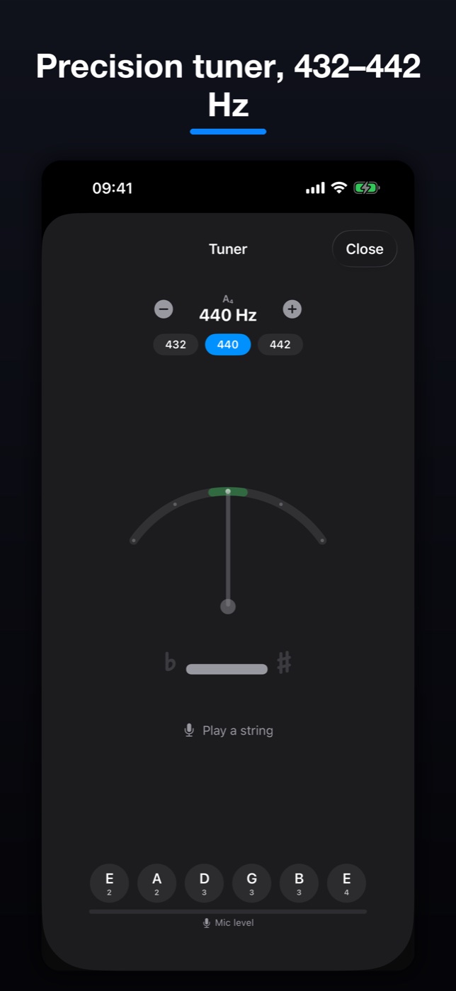ChordFlow precision tuner with 432-442 Hz reference